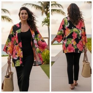 NWT Natori 2X Romantic Bohemian Resortwear Vacation Botanical Floral Kimono